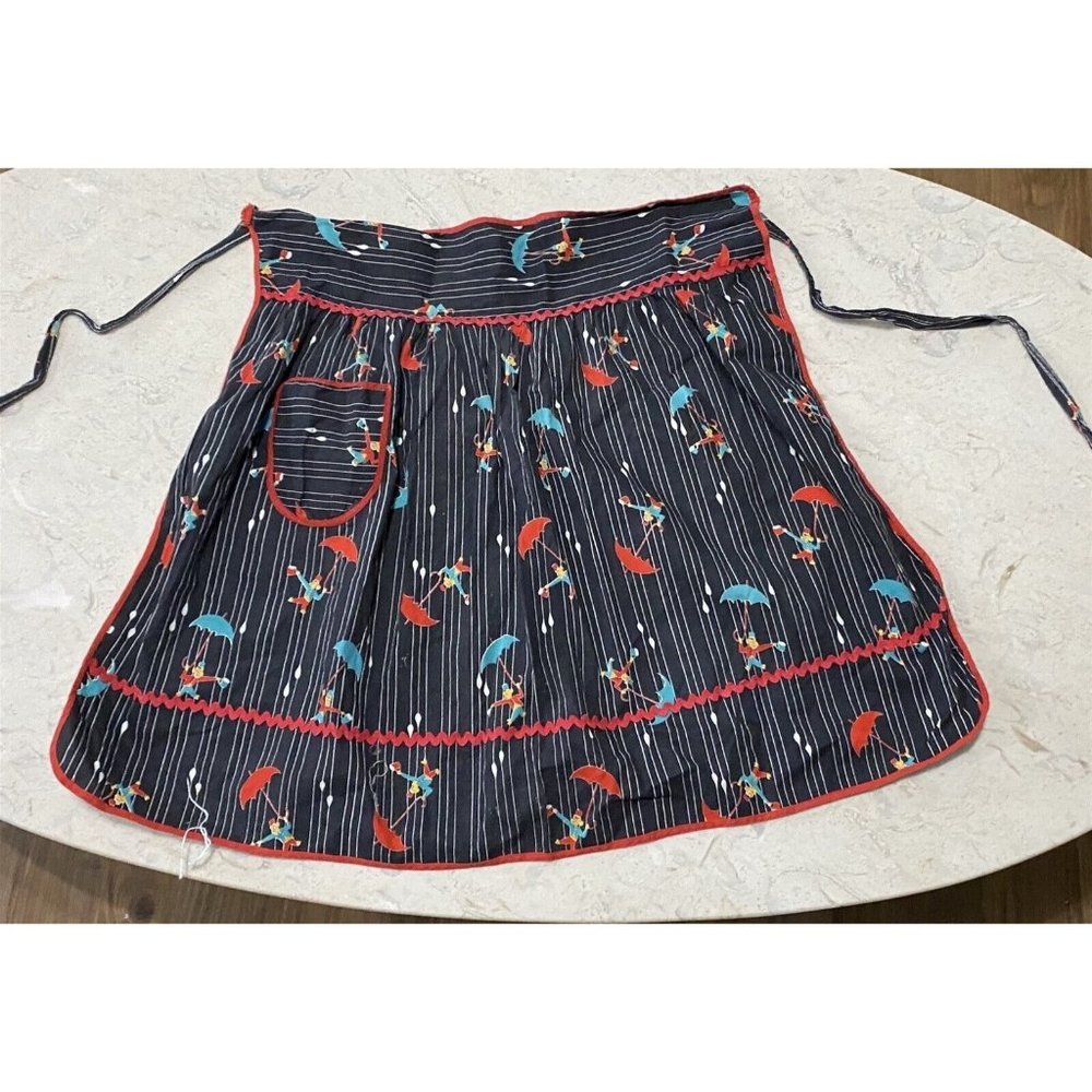 Vintage apron Monkey with a Cup and Umbrella Raindrops Rick Rack Black Red